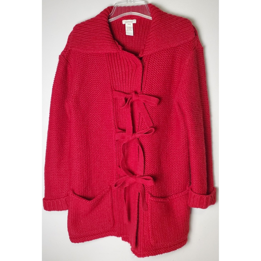 Sundance Wool‎ Blend Medium Red Tie Front Cardigan Chunky Sweater Cabincore Cozy